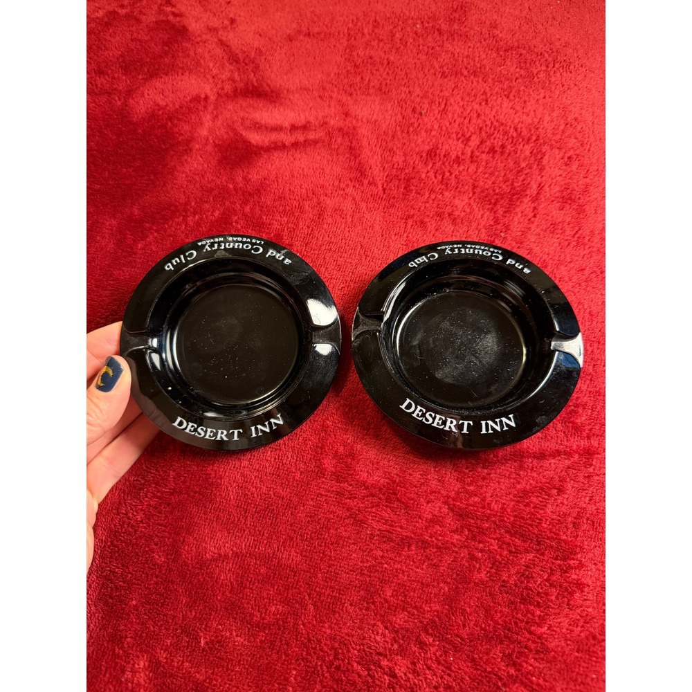 Vintage Desert Inn and Country Club Las Vegas Black Glass Ashtray Set of 2